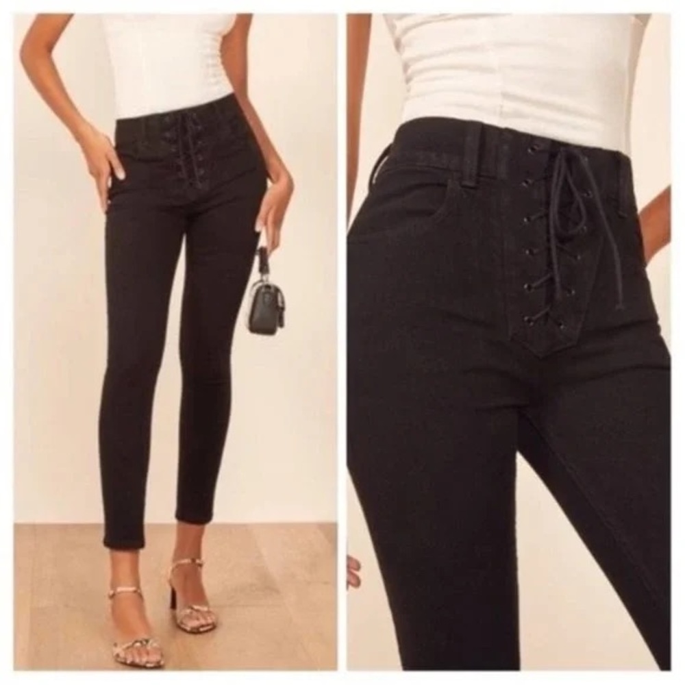 REFORMATION BLACK JADEN HIGH AND SKINNY LACE UP FRONT CLOSURE JEANS